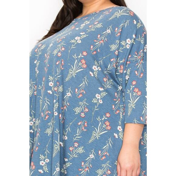 051 Curvy Lovey Flower Print Side Drape Tunic Top in Blue - Picture 4 of 5